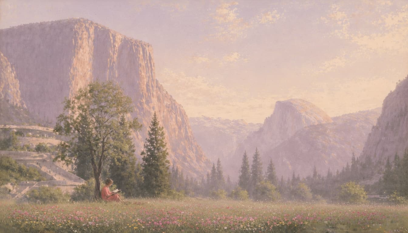 A student reading under a tree in a wildflower meadow, with hazy lavender mountains beyond